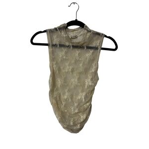 Free People Womens Tank Top XS Cream Floral Lace Sheer Mock Neck Sleeveless